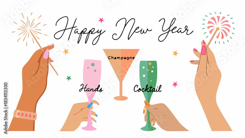 Happy new year celebration with champagne and cocktails and sparklers