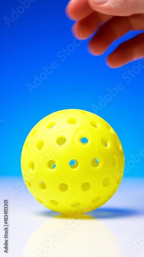Hand Grabbing a Yellow Pickleball Ball Against Blue Background