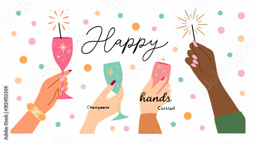 Diverse hands celebrate with champagne and sparklers