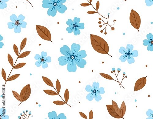 Seamless floral pattern with blue flowers and brown leaves against white backdrop