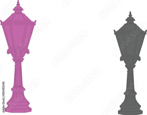The image presents two elegantly designed street lamps against a clean white background, which enhances their visual appeal. The lamp on the left is painted in a vibrant pink,light, lamp,bulb victor