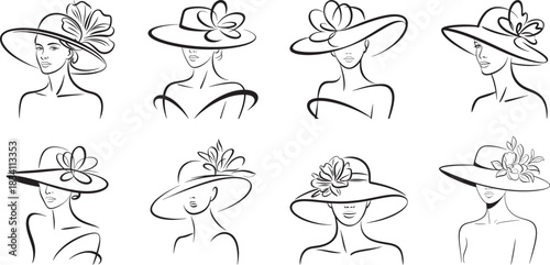 Woman wearing an elegant wide-brimmed hat vector outline collection, A minimalistic, continuous line drawing.