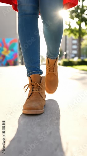 Woman in Jeans Walking on Sidewalk Wearing Tan Suede Boots in Sunlight