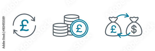 Line currency exchange icon set. British pound coins in clean vector style for financial applications, banking infographics, currency conversion, and business illustrations