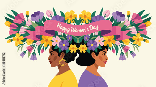 Diverse women celebrated with vibrant floral crown and happy womens day banner