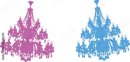 The image showcases two beautifully designed chandeliers, one in a soft pink hue and the other in a serene sky blue. Both chandeliers are illustrated in a vector style, 