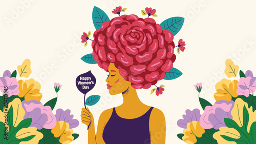 Vibrant illustration of a woman with a floral afro holding a happy women s day sign surrounded by flowers