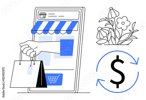 E-commerce, digital shopping, sustainability, retail marketing, eco-friendly lifestyle, small business growth. A hand with shopping bags extends from a smartphone screen, flowers, and a dollar sign