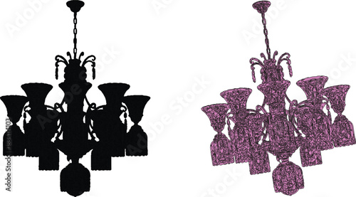 The image showcases two chandeliers that contrast in color and design, emphasizing their unique characteristics while both maintaining a complex structure with multiple lights.