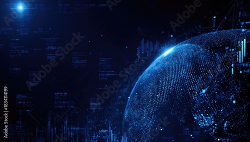 Digital depiction of the globe, with data visualizations and illuminated background