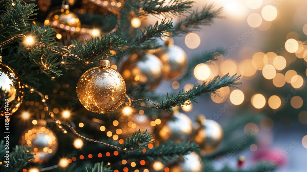 Fototapeta premium Golden Christmas Tree Ornaments with Warm Holiday Lights in Soft Bokeh Background
