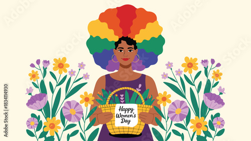 Woman with rainbow afro hair holding a basket of flowers for international women s day celebration