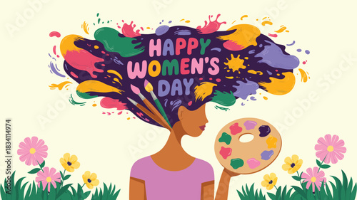 Creative woman celebrating happy womens day with vibrant colors and art supplies