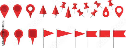 Red Map Pointer Icons and Flags Set for Location Marking Purposes
