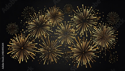 Festive, bright gold fireworks illuminate against a dark night sky in a vector image with a holiday feel