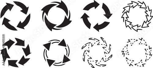 Collection of Circular Arrow Symbols representing Cycle and Process Flow Diagram