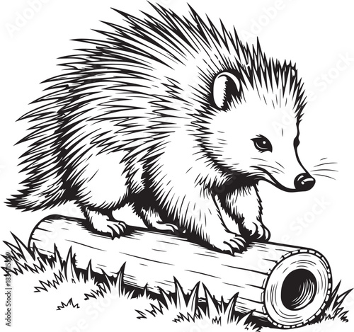 Cute black and white hand drawn sketch illustration of a sitting wild mammal hedgehog isolated on white with shaggy fur