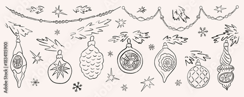 Vintage Christmas ornament set featuring retro glass bauble, pinecone shape, starburst, snowflake and beads garland. Festive doodle crayon vector design perfect for greeting card and retro decoration.