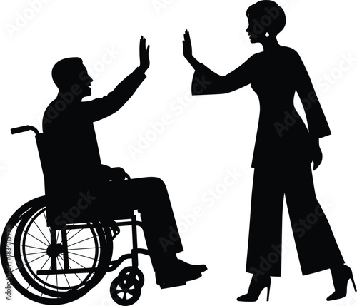 Silhouette of disabled man in wheelchair giving high five to woman, inclusive teamwork, support, friendship, motivation, and empowerment
