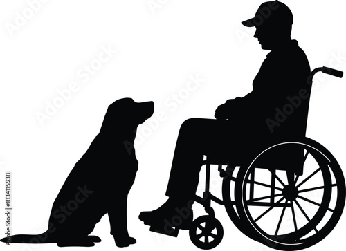 Silhouette of disabled man in wheelchair with service dog—loyal companion, disability support, therapy animal, mobility assistance concept.