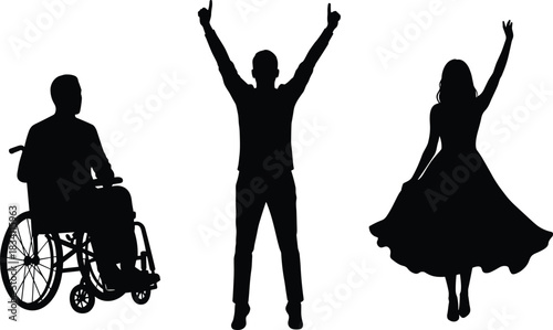 Silhouette of diverse people, man in wheelchair, celebrating man, dancing woman, disability inclusion, diversity concept, empowerment, equality, happiness, joy
