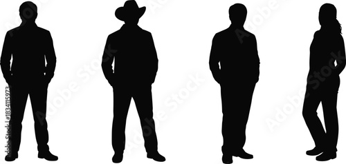 Silhouette of diverse standing people, including cowboy and woman, casual fashion, professional posture, confident stance, gender mix, relaxed attitude