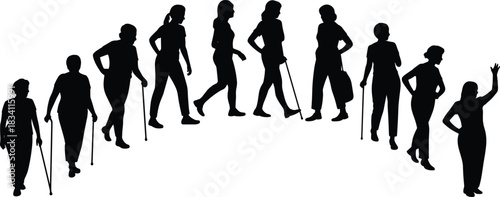 Silhouette of elderly people walking with canes and assistance, active senior lifestyle, health and mobility, aging process, community support, outdoor activity
