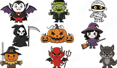 Collection of Halloween Cartoon Characters including vampire monster mummy and pumpkin