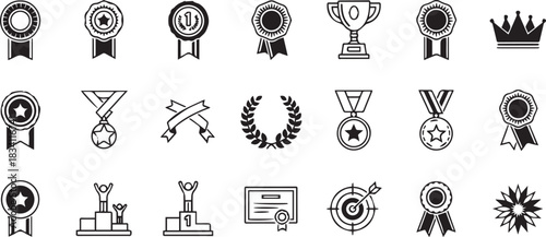 Black and white line art icon set depicting awards and achievements