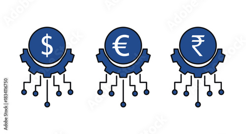 Currency symbols dollar euro rupee with gears and digital network