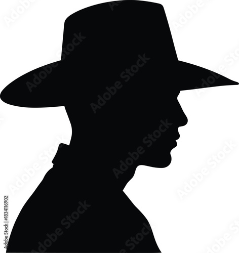 Silhouette of cowboy man in profile wearing wide-brim hat, western style character vector illustration isolated on white 