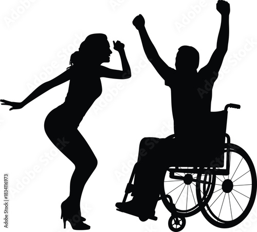 Silhouette of dancing woman, celebrating man in wheelchair, joyful moment, disability inclusion, happy people, energetic pose, freedom, equality