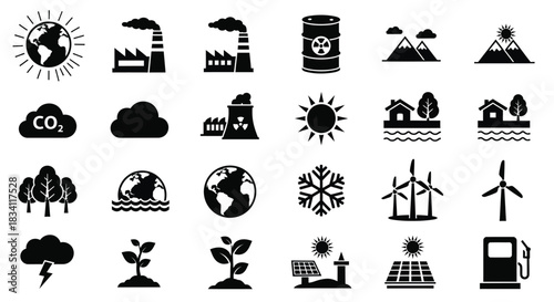 Climate change environmental impact sustainability vector icons set