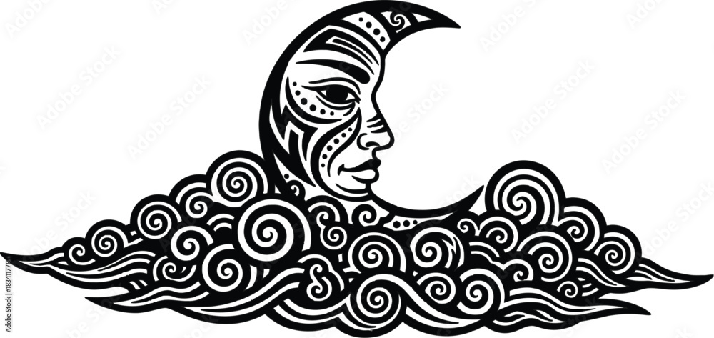 Obraz premium Stylized celestial visage nestled amongst swirling, graphic clouds