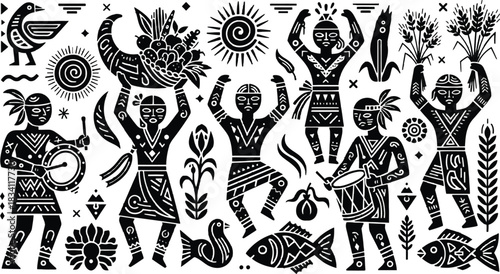 Stylized indigenous harvest festival in monochrome, depicting gratitude and abundance