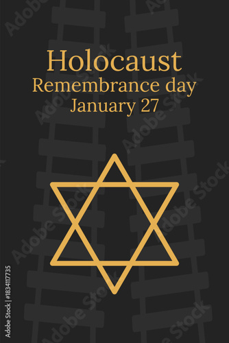 Holocaust Remembrance Day design with golden Star of David symbol and rails on the dark bg. World War II Memorial Day background.