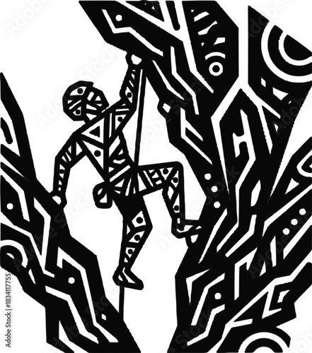 Intricate linocut of a climber scaling geometric rock formations, adventure