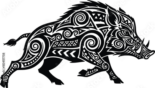 Stylized wild boar illustration with tribal pattern in black ink