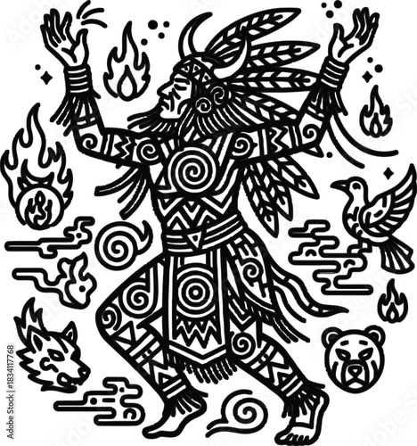 Ornate illustration of shaman figure with animal totems and mystical elements