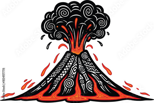 Volcano eruption vector illustration with tribal pattern decoration design