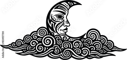 Stylized celestial visage nestled amongst swirling, graphic clouds