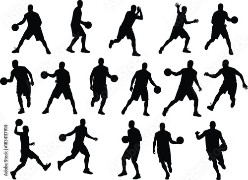 Silhouette of basketball player in motion dribbling, passing, and shooting ball, isolated sports vector illustration for athletic action concept