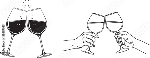 Elegant champagne toast illustration with hands holding glasses in black and white