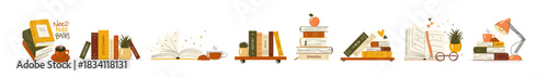 Set of book stacks with opened and closed books for cozy reading and studying. Vector illustration