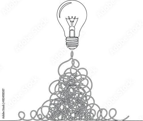 Abstract Continuous Line Illustration of Messy Cables and Idea Light.