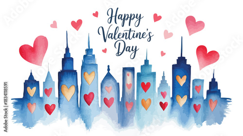 Watercolor cityscape with hearts for valentine s day