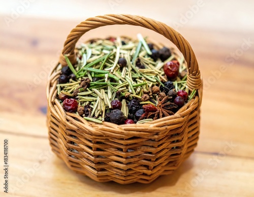 A charming woven basket overflowing with aromatic herbs and colorful spices for culinary delight