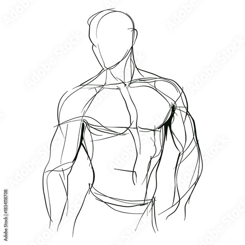 Expressive line art sketch of a muscular male torso in dynamic pose, ideal for anatomy studies, fitness design, fashion illustration or artistic figure references