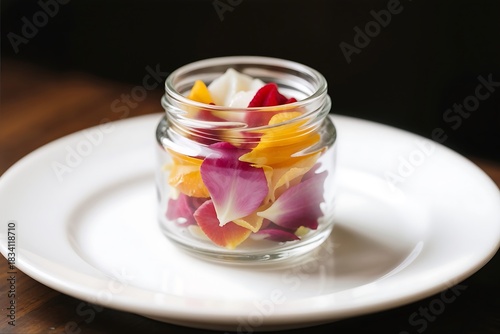 Colorful Petal Delight: A charming glass jar brimming with a vibrant mix of colorful flower petals, artfully arranged and presented on a pristine white plate.