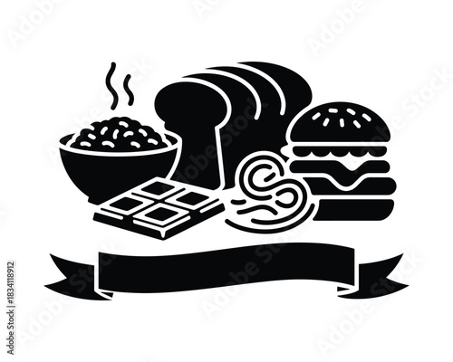 Black and white food icons featuring bread burger chocolate and more